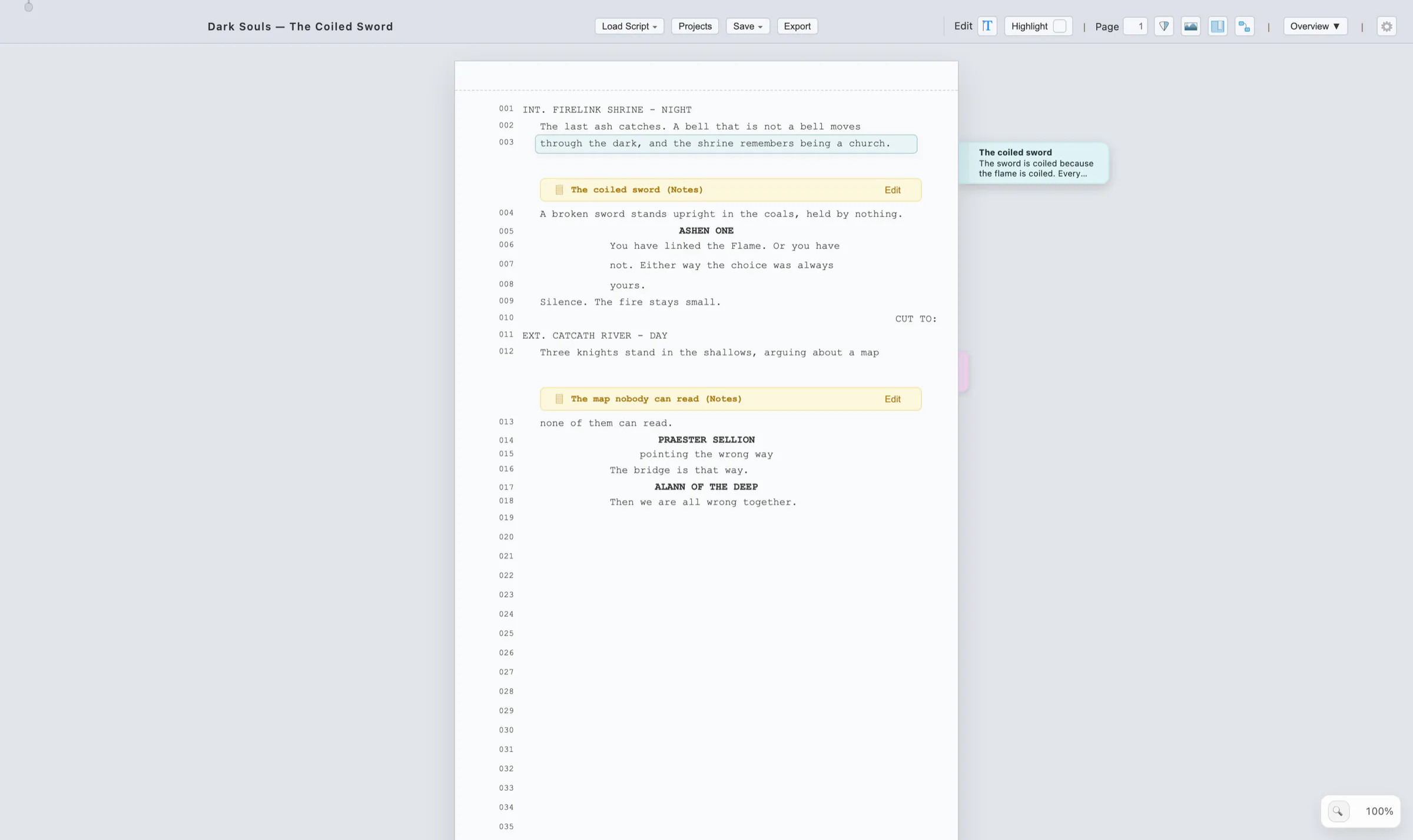 Selected event sleeve with its source passage highlighted in the script